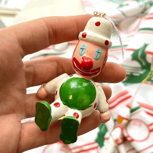 Vintage Wooden & Felt Christmas Ornaments Set of 4 Clowns, Girl, Swing Boy - Picture 3 of 7